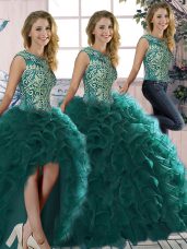 Peacock Green Three Pieces Scoop Sleeveless Organza Floor Length Lace Up Beading and Ruffles Sweet 16 Quinceanera Dress