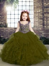 Modern Olive Green Ball Gowns Beading and Ruffles Winning Pageant Gowns Lace Up Tulle Sleeveless Floor Length