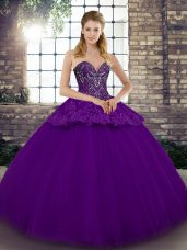 Beading and Appliques Quinceanera Dress Purple Lace Up Sleeveless Floor Length