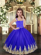 Hot Sale Royal Blue Ball Gowns Embroidery Kids Formal Wear Lace Up Tulle Sleeveless Floor Length