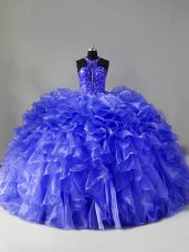Blue Sleeveless Organza Brush Train Zipper Quinceanera Dresses for Sweet 16 and Quinceanera