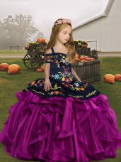 Fuchsia Sleeveless Floor Length Embroidery and Ruffles Lace Up Girls Pageant Dresses
