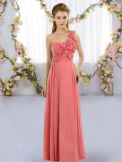 Chiffon One Shoulder Sleeveless Lace Up Hand Made Flower Bridesmaids Dress in Watermelon Red
