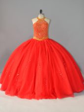 Beading Quinceanera Gown Red Lace Up Sleeveless Floor Length