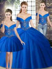 Royal Blue Off The Shoulder Neckline Beading and Pick Ups Quinceanera Gowns Sleeveless Lace Up