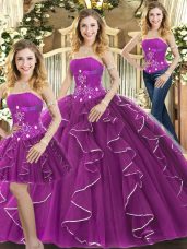 Unique Tulle Strapless Sleeveless Lace Up Beading and Ruffles Quinceanera Dresses in Purple