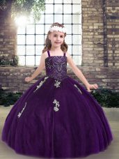 Purple Sleeveless Floor Length Appliques Lace Up Little Girl Pageant Dress
