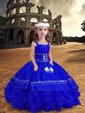 Simple Satin and Organza Straps Sleeveless Zipper Embroidery and Ruffled Layers Pageant Gowns For Girls in Royal Blue