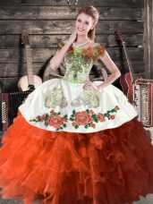 Glittering Rust Red Sweet 16 Dress Sweet 16 and Quinceanera with Embroidery and Ruffles Off The Shoulder Sleeveless Lace Up