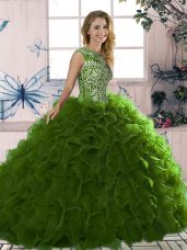 Cheap Sleeveless Organza Floor Length Lace Up Quinceanera Gown in Olive Green with Beading and Ruffles