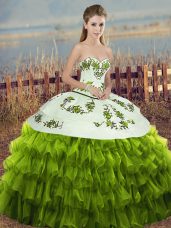 Noble Olive Green Ball Gowns Embroidery and Ruffled Layers and Bowknot Sweet 16 Quinceanera Dress Lace Up Organza Sleeveless Floor Length