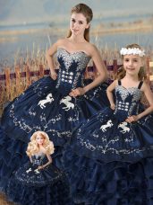 Navy Blue Ball Gowns Satin and Organza Sweetheart Sleeveless Embroidery and Ruffles Floor Length Lace Up Quinceanera Gowns