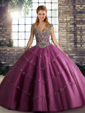 Admirable Fuchsia Straps Neckline Beading and Appliques Quinceanera Gown Sleeveless Lace Up