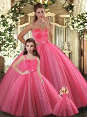 Coral Red Ball Gowns Tulle Sweetheart Sleeveless Beading Floor Length Lace Up Ball Gown Prom Dress