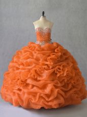 Flirting Sleeveless Organza Floor Length Lace Up Sweet 16 Dresses in Orange with Beading and Pick Ups