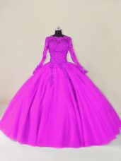 Scalloped Long Sleeves Ball Gown Prom Dress Floor Length Lace and Appliques Purple Tulle