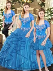 Deluxe Floor Length Lace Up Quinceanera Dress Blue for Military Ball and Sweet 16 and Quinceanera with Beading and Ruffles