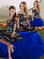 Exquisite Embroidery and Ruffles 15th Birthday Dress Blue And Black Lace Up Sleeveless Floor Length