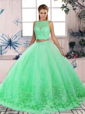 Elegant Turquoise Two Pieces Tulle Scalloped Sleeveless Lace Backless Vestidos de Quinceanera Sweep Train
