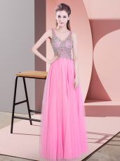 Designer V-neck Sleeveless Dress for Prom Floor Length Beading Rose Pink Tulle