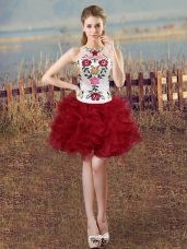 Sleeveless Mini Length Embroidery and Ruffles Lace Up Homecoming Dress with White And Red