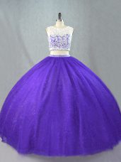 Graceful Purple Two Pieces Tulle Scoop Sleeveless Appliques Floor Length Zipper Quince Ball Gowns