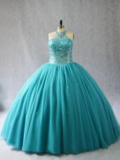 Aqua Blue Sleeveless Brush Train Beading Sweet 16 Dresses