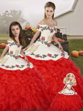 Off The Shoulder Sleeveless Lace Up Quince Ball Gowns White And Red Organza