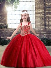 Red Tulle Lace Up Pageant Gowns For Girls Sleeveless Floor Length Beading