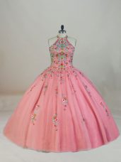 Suitable Pink Sleeveless Tulle Brush Train Lace Up Ball Gown Prom Dress for Sweet 16 and Quinceanera
