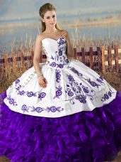 Latest White And Purple Ball Gowns Sweetheart Sleeveless Satin and Organza Floor Length Lace Up Embroidery and Ruffles Sweet 16 Dress