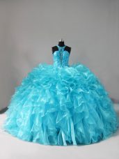 Amazing Aqua Blue Ball Gowns Organza Halter Top Sleeveless Beading and Ruffles Lace Up Quinceanera Gown Brush Train