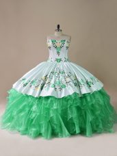 Sleeveless Embroidery Lace Up Sweet 16 Dress with Green Brush Train
