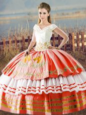 Chic White And Red Ball Gowns V-neck Sleeveless Satin Floor Length Lace Up Embroidery and Ruffled Layers Quinceanera Dresses