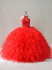 Shining Red Sleeveless Floor Length Beading and Ruffles Lace Up Quinceanera Gown
