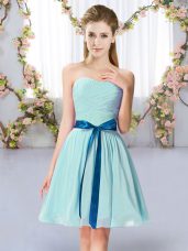 Fancy Aqua Blue Chiffon Lace Up Damas Dress Sleeveless Mini Length Belt