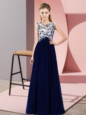 Stunning Royal Blue Empire Beading and Appliques Bridesmaids Dress Zipper Chiffon Sleeveless Floor Length