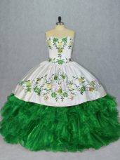 Floor Length Lace Up Quinceanera Dress Green for Sweet 16 and Quinceanera with Embroidery and Ruffles