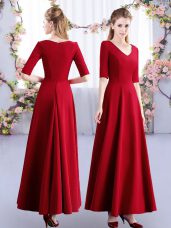 Custom Designed Wine Red Half Sleeves Ruching Ankle Length Dama Dress