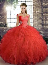 Orange Red Off The Shoulder Lace Up Beading and Ruffles Ball Gown Prom Dress Sleeveless