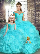 Sleeveless Organza Floor Length Lace Up Sweet 16 Dress in Aqua Blue with Beading and Ruffles