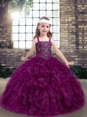 Floor Length Fuchsia Child Pageant Dress Organza Sleeveless Beading and Ruffles