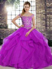 Chic Purple Lace Up Off The Shoulder Beading and Ruffles Sweet 16 Quinceanera Dress Tulle Sleeveless Brush Train