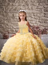Tulle Sleeveless Pageant Dress for Girls Brush Train and Beading and Ruffled Layers