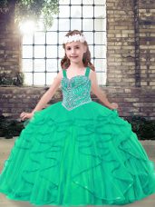 Floor Length Turquoise Little Girls Pageant Dress Tulle Sleeveless Beading