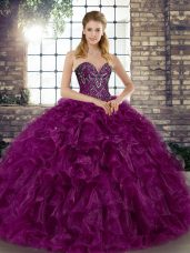 Dazzling Purple Sleeveless Organza Lace Up Sweet 16 Dresses for Military Ball and Sweet 16 and Quinceanera