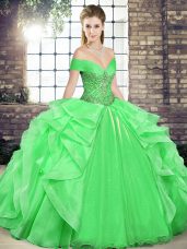 Charming Sleeveless Floor Length Beading and Ruffles Lace Up 15th Birthday Dress with Green