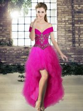 Extravagant Off The Shoulder Sleeveless Pageant Dress Toddler High Low Beading and Ruffles Fuchsia Tulle