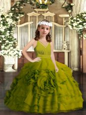 New Style Olive Green Ball Gowns Straps Sleeveless Organza Floor Length Zipper Ruffled Layers Kids Formal Wear