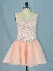 Modest Mini Length A-line Sleeveless Peach Evening Dress Lace Up